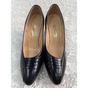 Vintage 1980s Newton Elkin Navy Blue Leather Heels Formal Ruched Size 7.5 B EUC